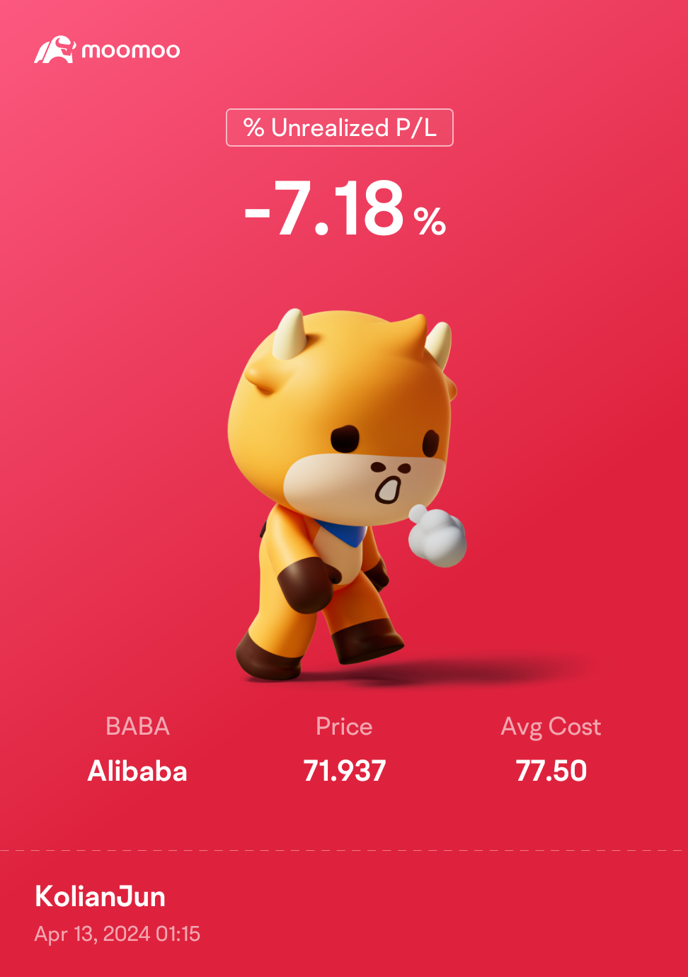 $Alibaba (BABA.US)$ Listen, my compatriots keep buying, keep buying, keep spreading the average price to 70[Smirk] Finally, I wish our compatriots around the wo...