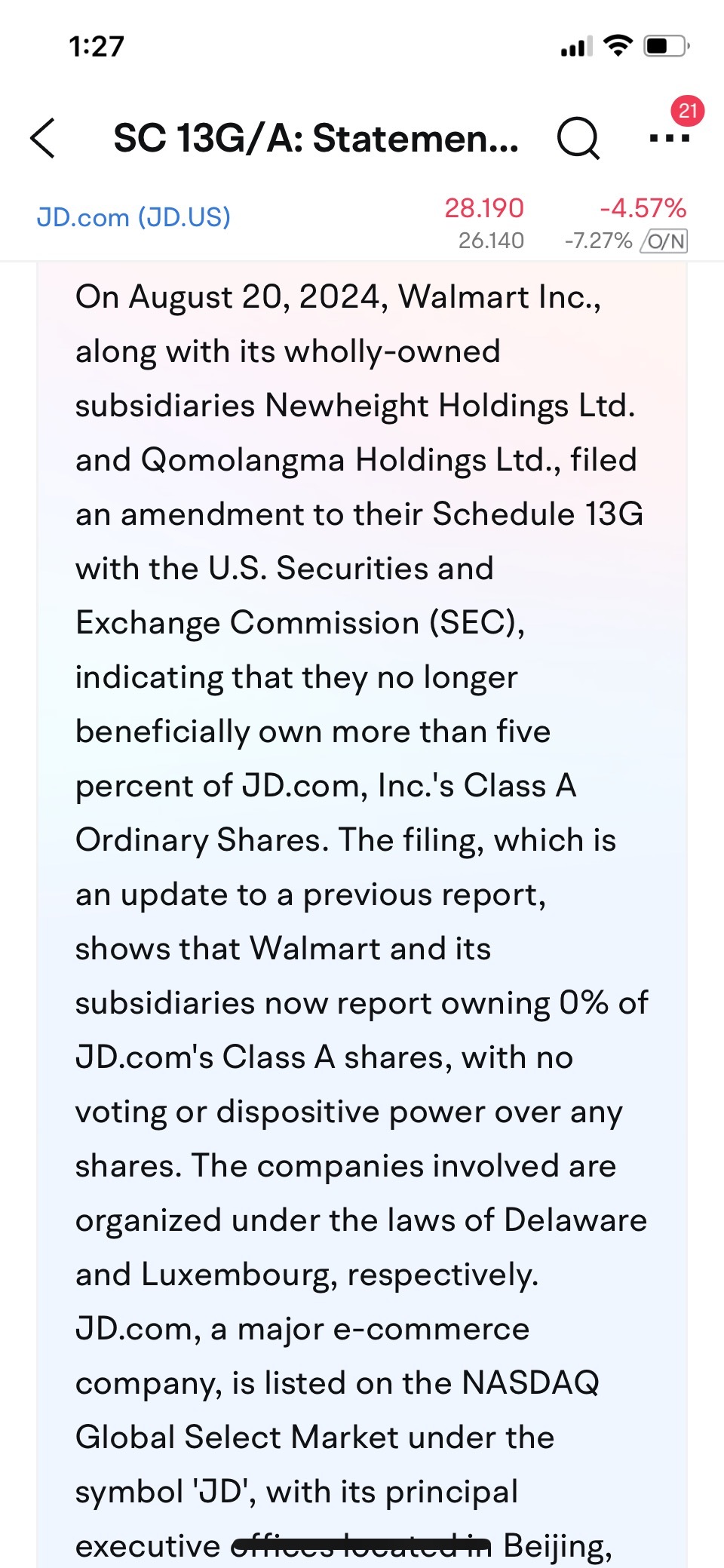 $JD-SW (09618.HK)$ walmart alwready has 0% percent of holdings in JD, why the share price still dropping now?