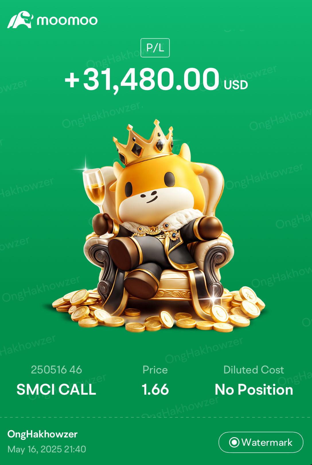 $SMCI 250516 46.00C$ 美味美味 🤭 昨天成功買到了一些便宜的期權，今天是開空回補的星期五。