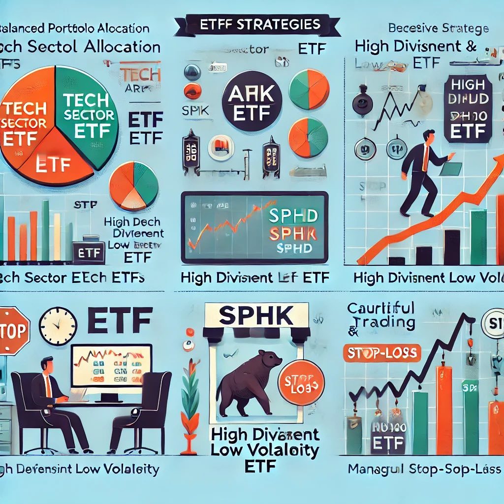 1. etf 策略 我主要配置不同類型的 etf 進行均衡配置以應對市場波動。例如，在牛市中，我傾向於投資追踪科技板塊或成長公司的 etf，例如 ARKk (ark innovation etf)。在市場波動或下跌時，我會轉向更具防禦性的 etf，例如 SPHD (高股息低波動性 etf)，以減輕風險並保護投資組合免於...