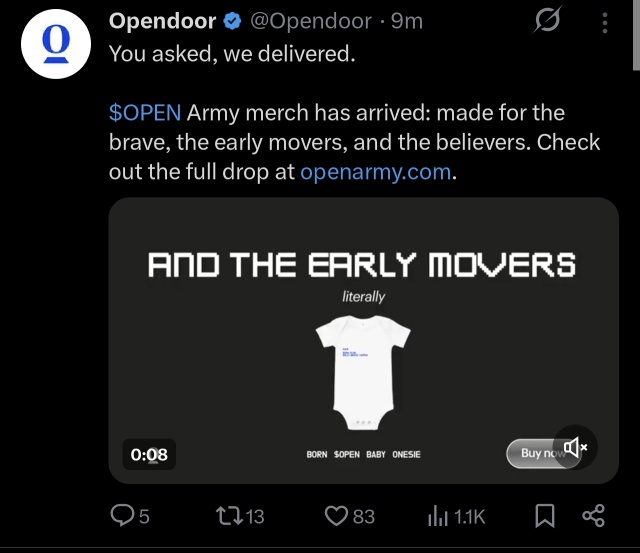 或者有人想在Opendoor股票为红色时购买一些东西来支持它，哈哈，不确定他们发布的时间是否正确，还是