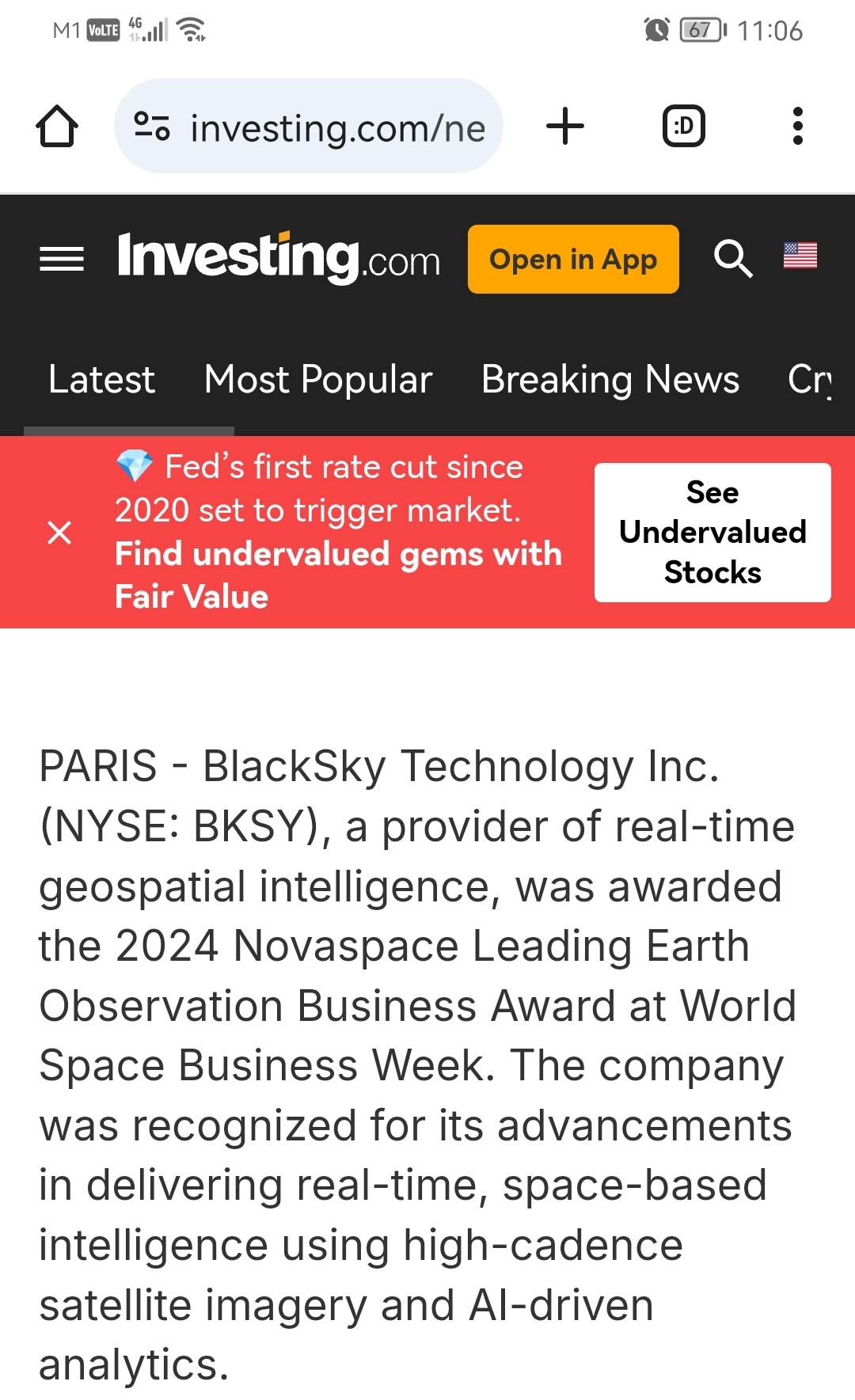 2024年Novaspace獲頒地球觀測業務領先獎