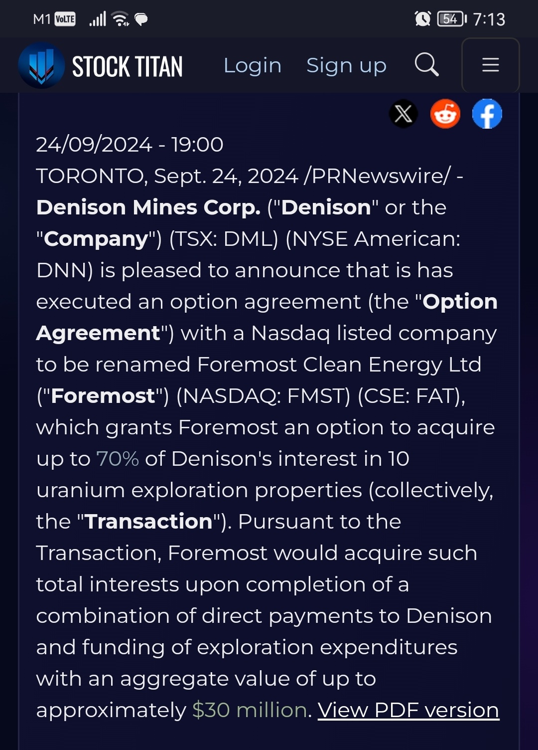 Denison宣布選擇將非核心勘探專案授權給Foremost，最高可獲得總共3,000萬美元的考慮金額