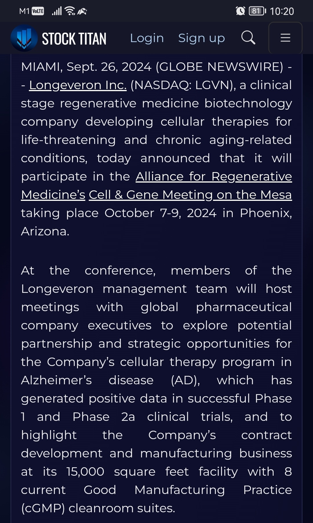 Longeveron to Attend Alliance for Regenerative Medicine’s Cell & Gene Meeting on the Mesa