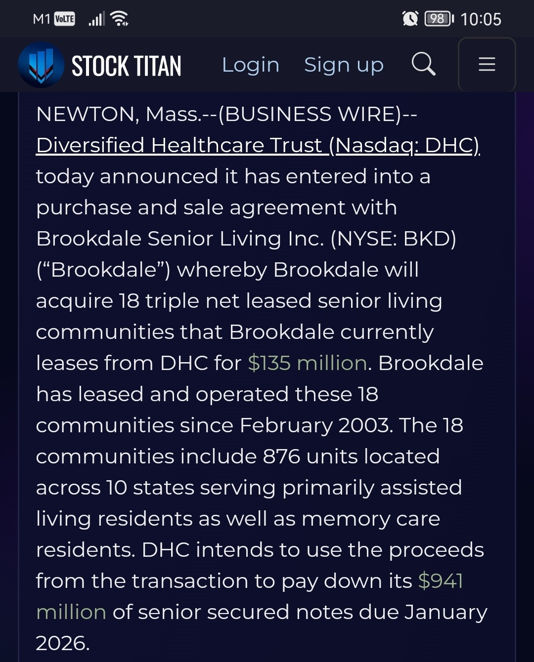 diversified healthcare trust宣布将18个三重净租金租赁的高龄社区出售给Brookdale，售价为13500万美元，每单位售价为154,000美元