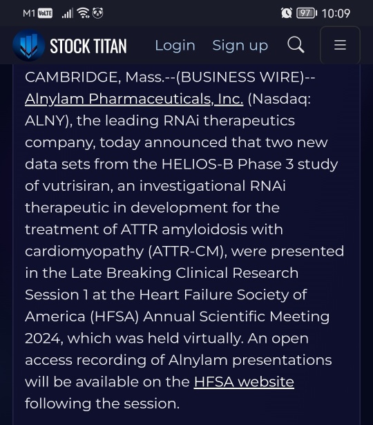 Alnylam Highlights New Data From HELIOS-B Study of Vutrisiran for the Treatment of Transthyretin Amyloidosis With Cardiomyopathy at Heart Failure Society of America Annual Scientific Meeting 2024