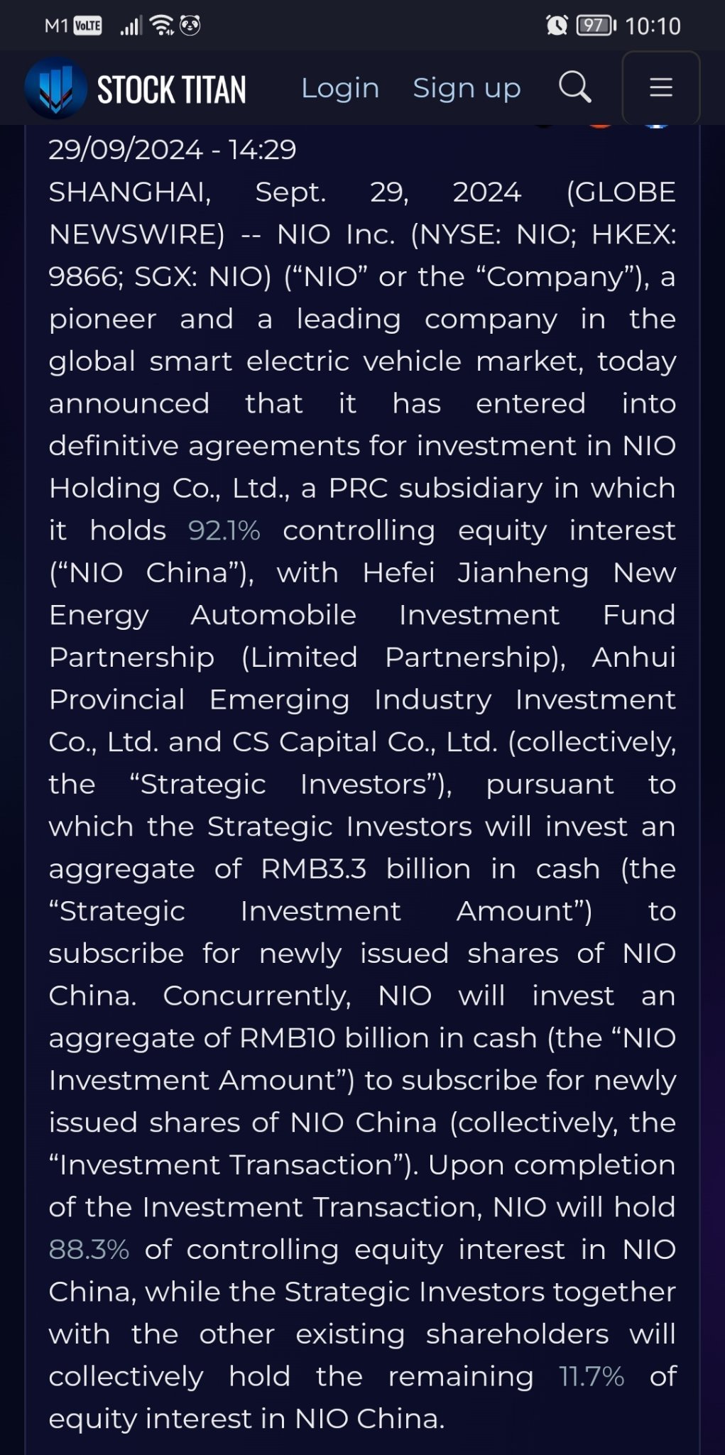 NIO Announces RMB3.3 Billion Investment in NIO China from Strategic Investors