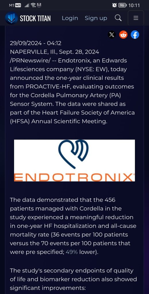 一年的数据显示Endotronix Cordella肺动脉传感器系统效果优异