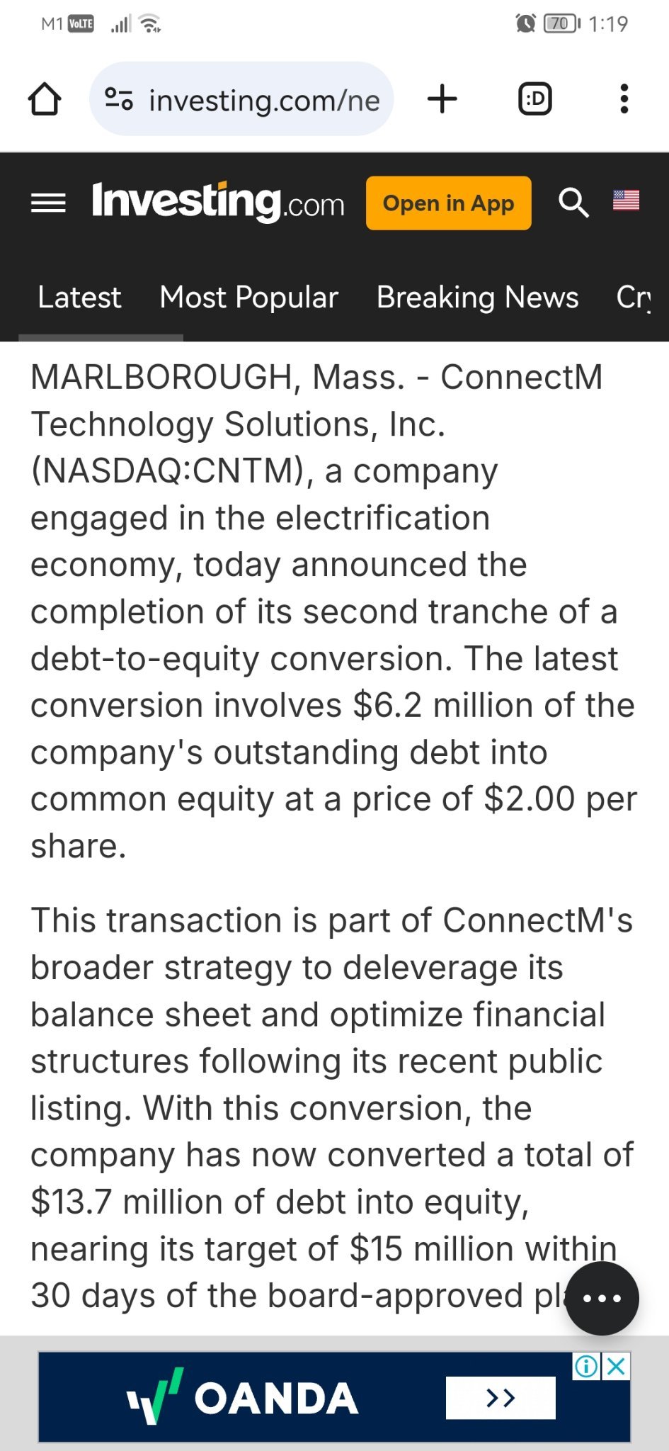 Connectm將額外620萬美元的債務轉換為股權Investing.com發布於09/26/2024，上午08:37