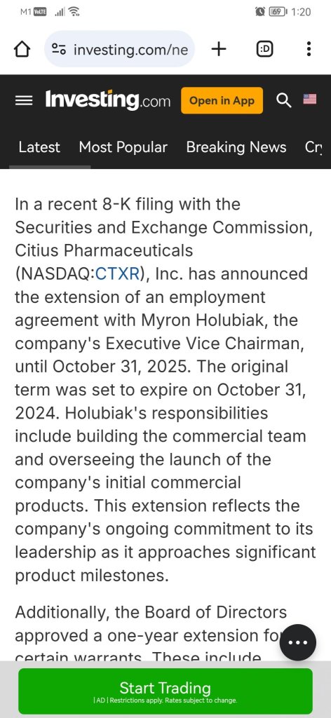 Citius Pharmaceuticals extends executive and warrant agreementsInvesting.comEditorLina GuerreroPublished 09/27/2024, 05:37 PM