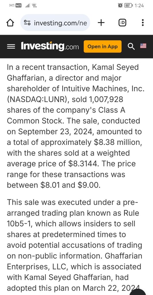 Intuitive Machines内部人士出售超过800万美元的股票Investing.com发布于09/25/2024，下午04:32