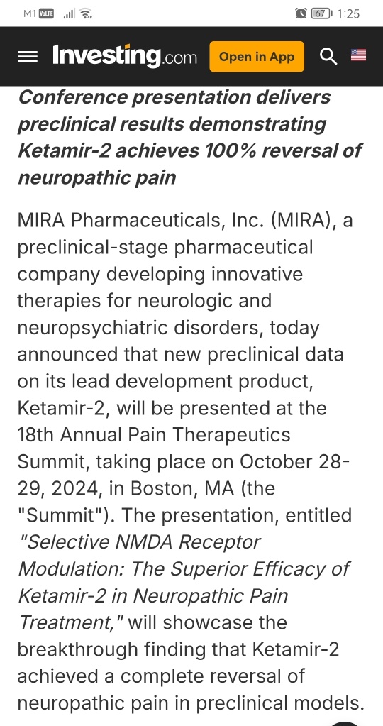 Mira Pharma Announces New Preclinical Data for Ketamir-2 to Be Presented at the 18th Annual Pain Therapeutics Summit in Boston on October 28-29, 2024Louis JuricicAuthorLouis JuricicPublished 09/27/202