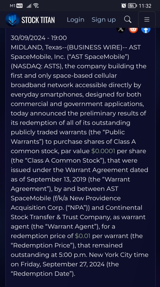 ASt SpaceMobileが公開ワラントの償還の予備結果を発表