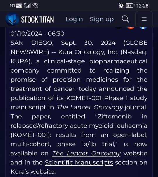 kura oncology宣布Ziftomenib第1期結果在《The Lancet Oncology》上發表