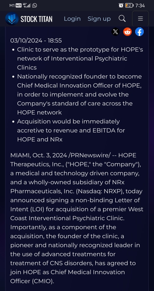 HOPE治療公司和NRx製藥公司（納斯達克：NRXP）宣布簽署意向書，以收購一家位於西海岸的頂尖介入精神科診所