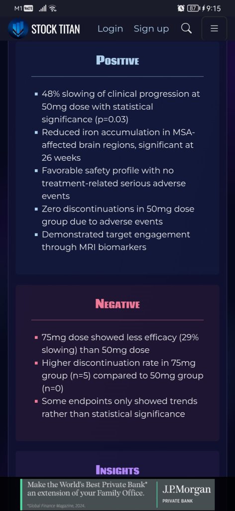 Alterity Therapeutics宣佈ATH434第2期臨牀試驗在多系統萎縮症中取得積極結果，表現出強大的臨牀療效