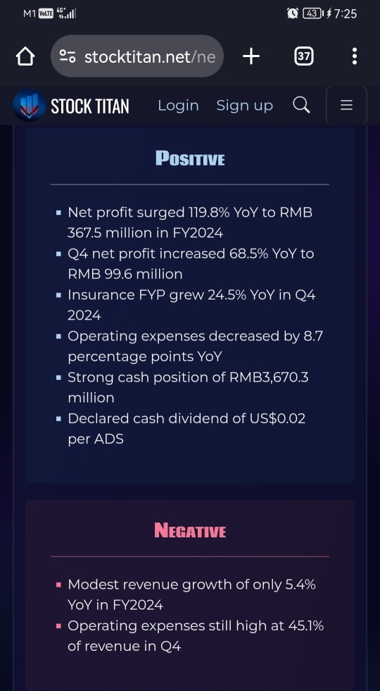 Waterdrop Q4 and FY2024 Financial Results: Annual Net profit rises 119.8% YoY, and declared a cash dividend