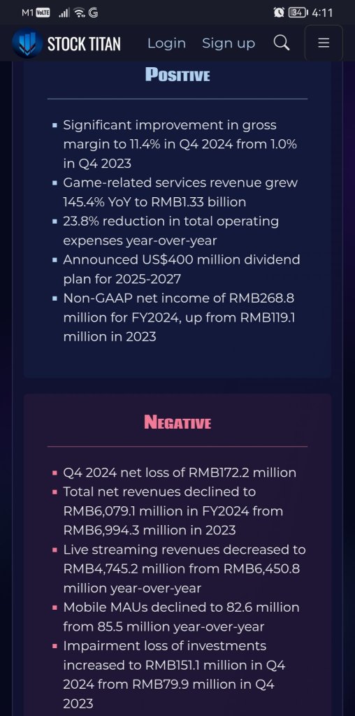 HUYA Inc. Reports Fourth Quarter and Fiscal Year 2024 Unaudited Financial Results and Announces Dividend Plan