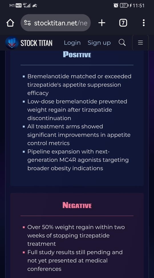 Palatin報告了MC4R激動劑Bremelanotide和Tirzepatide的Ⅱ期肥胖研究的正面食慾抑制結果