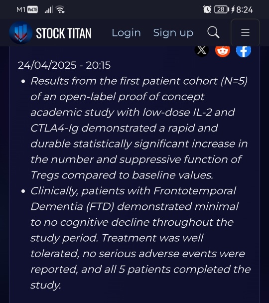 Coya Therapeutics宣佈了對五名輕度至中度前額葉病患者進行低劑量IL-2和CTLA4-Ig聯合治療的研究者發起的開放標籤研究的積極中期結果