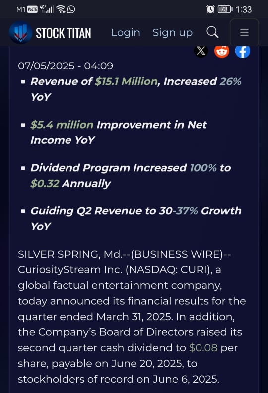 CuriosityStream报告2025年第一季度首次实现正净利润