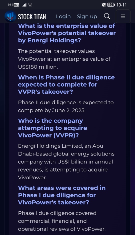 VivoPower推进了美国18000万美元的非约束性收购，并成功完成了尽职调查的第一阶段。