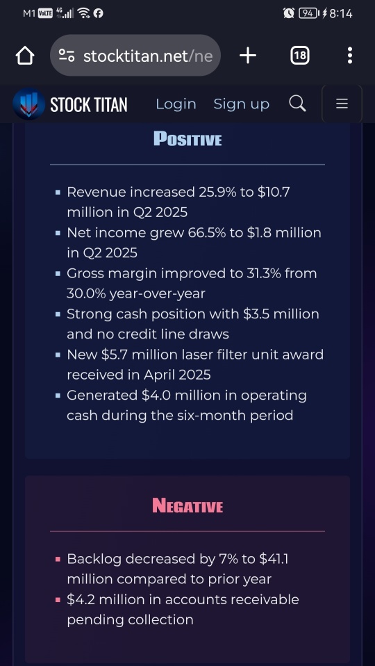 Optex系統控股公司宣佈截至2025年3月30日的三個月和六個月的財務亮點