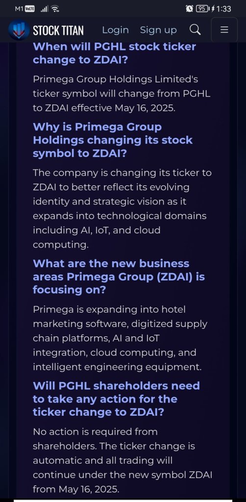 Primega集團控股有限公司宣佈標的由ZDAI變更