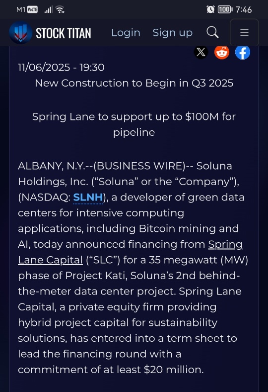 Soluna Inks $20M from Spring Lane Capital to Launch Project Kati 1
