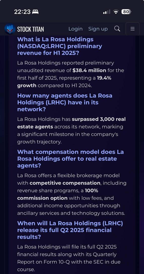 La Rosa Holdings CORP. 宣布重要里程碑：超过3,000名代理商，并报告2025年上半年的初步未经审计的营业收入为3840万，年增长率达到19.4%