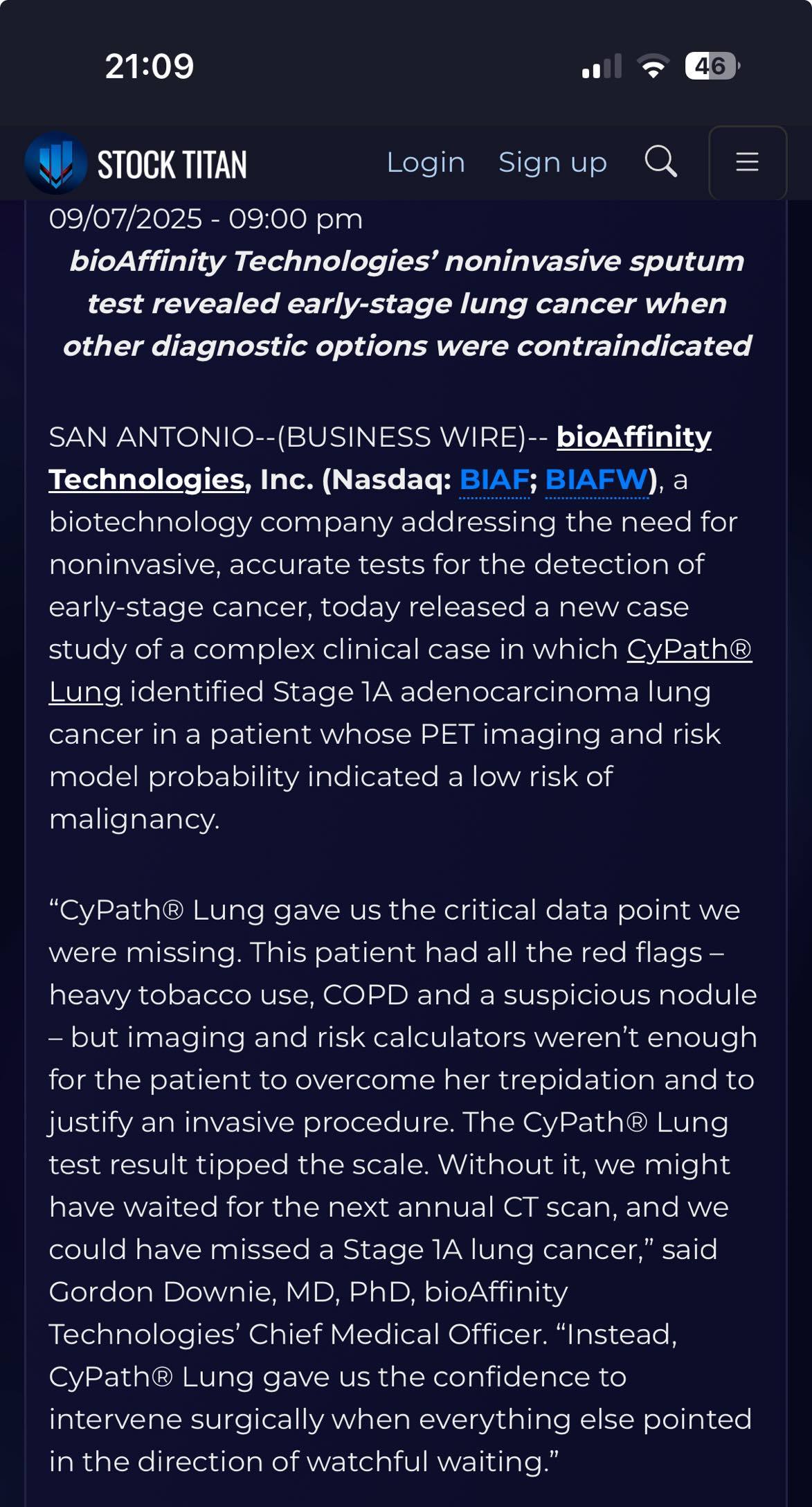 Case Study: CyPath® Lung Detects Stage 1A Lung Cancer in High-Risk Patient with Inconclusive Imaging