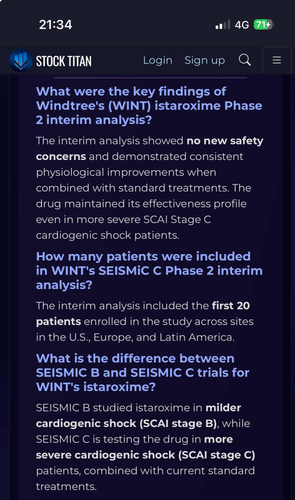 Windtree宣布在SCAI C期心源性休克患者中进行Istaroxime二期试验的中期分析