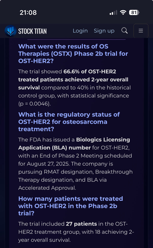 OS Therapies 宣佈來自 OST-HER2 在預防或延遲復發、完全切除的肺部腫瘤的 2b 期臨床試驗中具有統計學意義的積極中期兩年總體生存數據