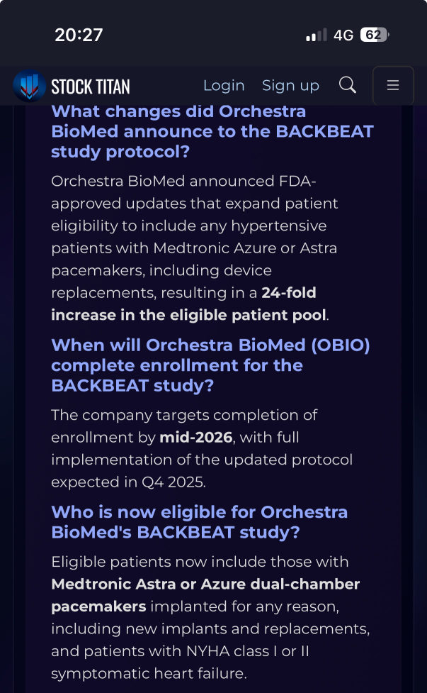Orchestra BioMed Announces Rollout of FDA-Approved BACKBEAT Global Pivotal Study Protocol Update Significantly Expanding Patient Eligibility