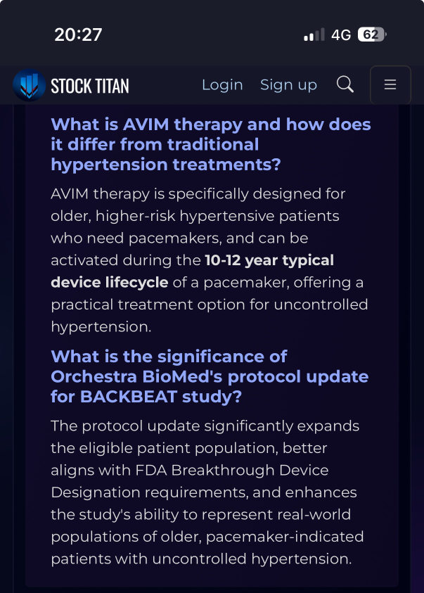 Orchestra BioMed Announces Rollout of FDA-Approved BACKBEAT Global Pivotal Study Protocol Update Significantly Expanding Patient Eligibility