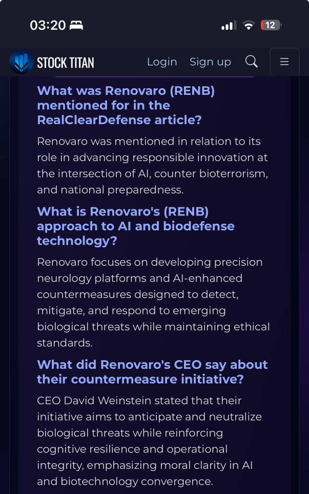 Renovaro Inc. (NASDAQ: RENB) Mentioned in RealClearDefense Article on AI and Biodefense Risks