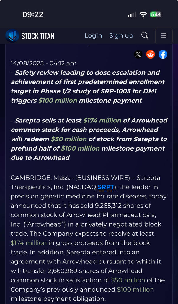Sarepta Therapeutics Announces Advancement of siRNA Collaboration and Sale of Arrowhead Equity Investment