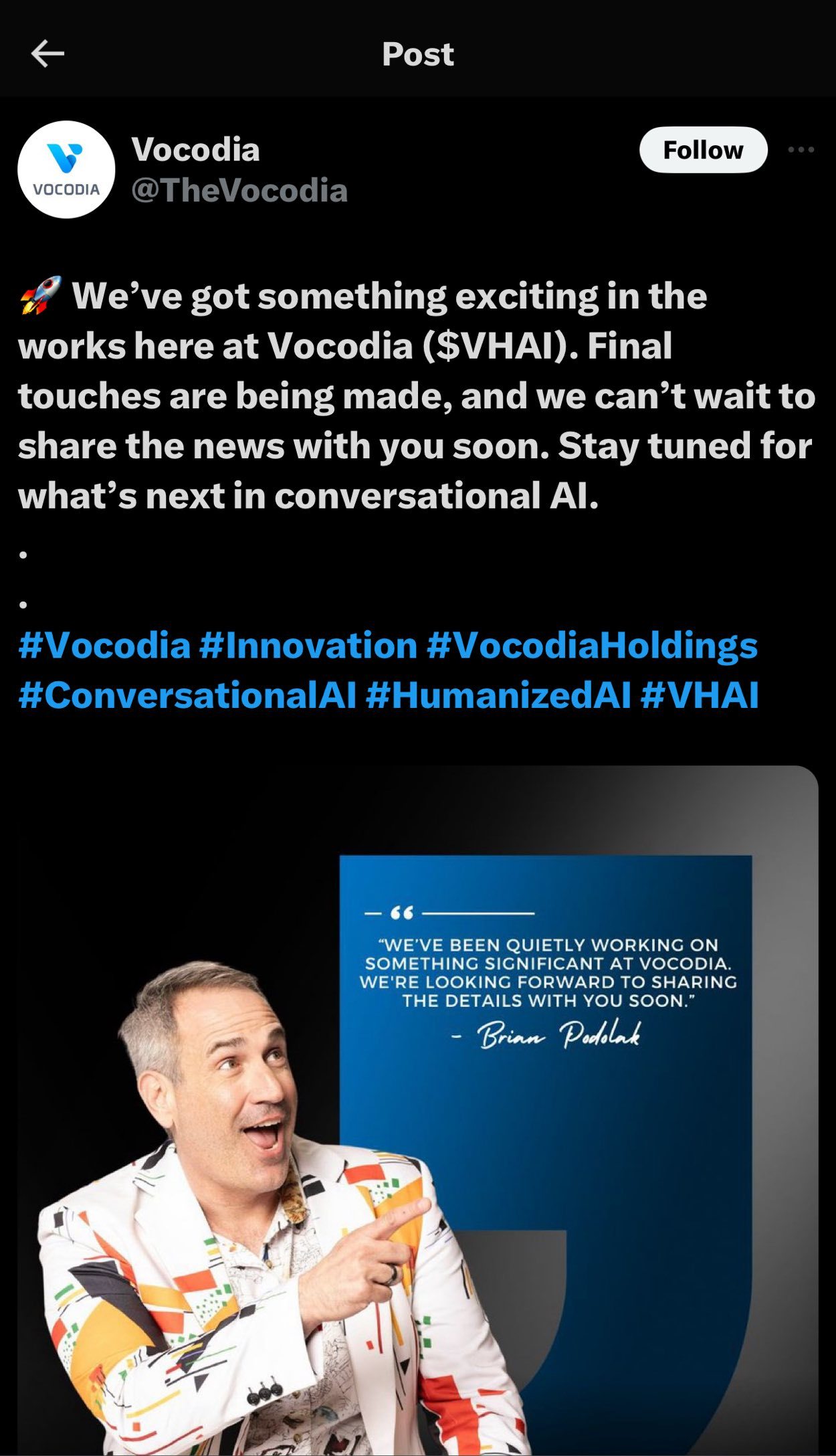 $Vocodia Holdings (VHAI.US)$ 沃科迪亞在 X 上發表「我們在沃科迪亞（$ VHAI）正在工作中有一些令人興奮的事情。正在進行最後的動作，我們迫不及待想盡快與您分享新聞。請繼續關注對話式 AI 的下一步發展。」