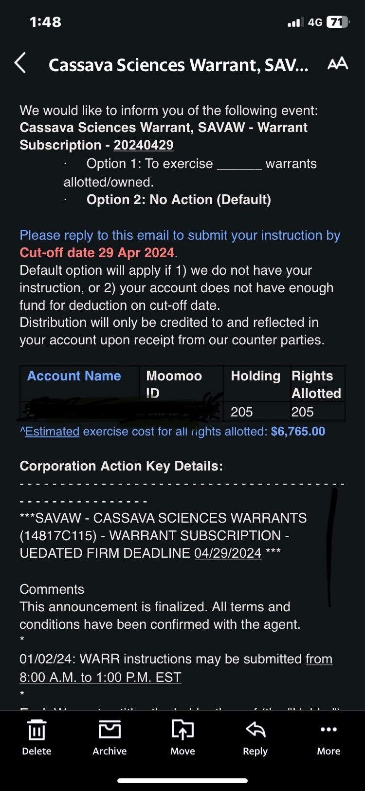 $Cassava Sciences Warrants (SAVAW.US)$ 收到这个email,应该怎样处理呢？谢谢邦忙！