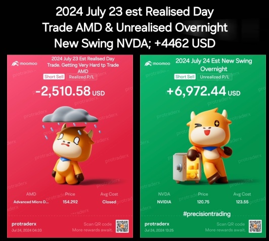 2024 年 7 月 23 日美国东部时间已实现日间交易 AMD 和未实现的新波段隔夜 NVDA