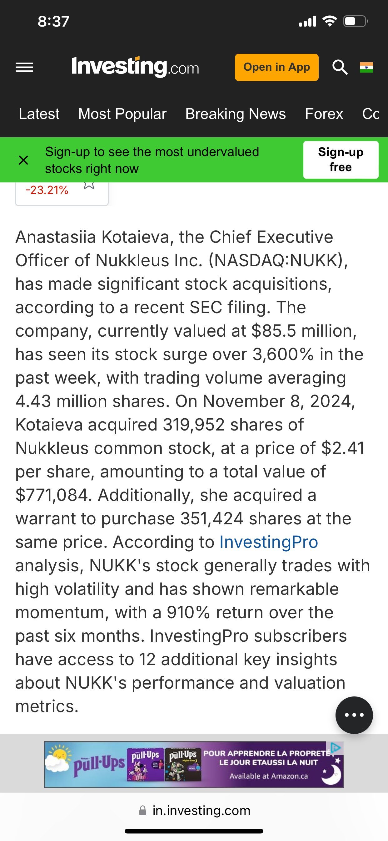 Nukkleus首席执行官Anastasiia Kotaieva购买了771,084美元的股票- moomoo 社区