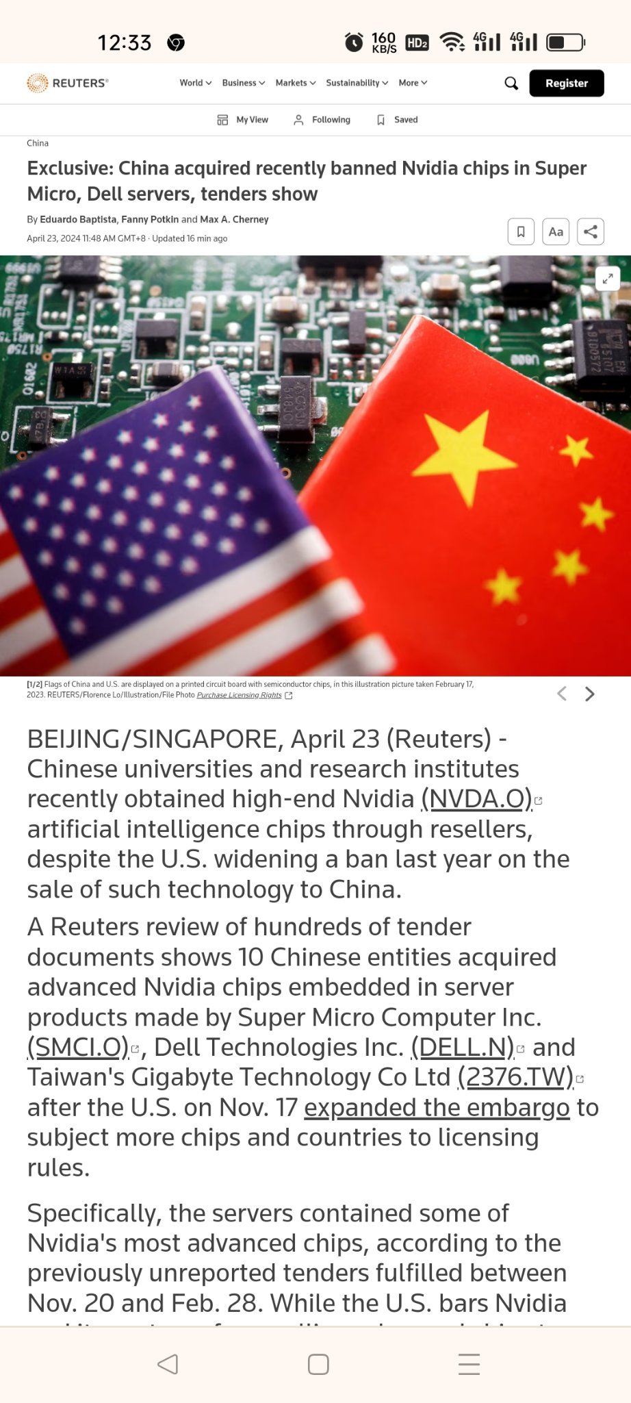 $スーパー マイクロ コンピューター (SMCI.US)$ #制裁 https://www.reuters.com/world/中国/中国は最近禁止されたエヌビディアのチップ、スーパーマイクロ、デルのサーバーを入手したと報じられている。オークションは2024年4月23日まで開催されます。