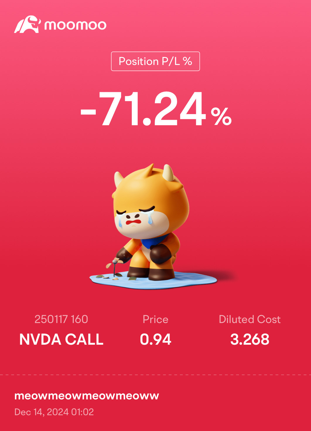 $エヌビディア (NVDA.US)$ オプションでは、オプションが70%下落したときにも、耐久力を養い、中立を保つ必要があります😭私の心に頑張って、月に向けて行きましょうね。誰もが利益を上げています🤣🤣🤣