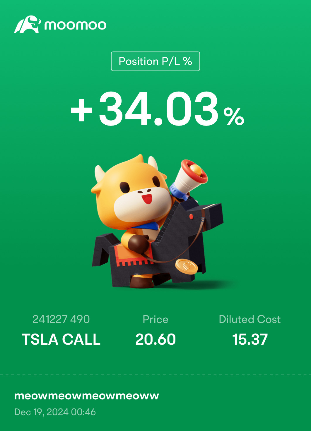 $TSLA 241227 490.00C$ 即使我的SP是490美元，我還是對它如此接近而感到震驚🤣🤣🤣 是時候洗個澡了... 希望不會再發生什麼太極端的事情🤡