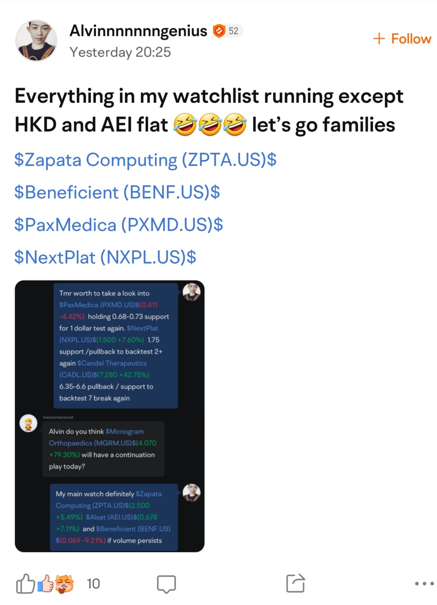 $PaxMedica (PXMD.US)$$Beneficient (BENF.US)$$Zapata Computing (ZPTA.US)$$NextPlat (NXPL.US)$ This guy has been wrong and misled many times. That's why he had to...