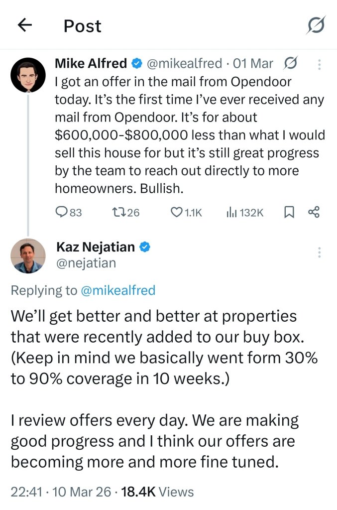 Uplifting posts from Mike and Kaz surpassed it with his reply! Go Opendoor!