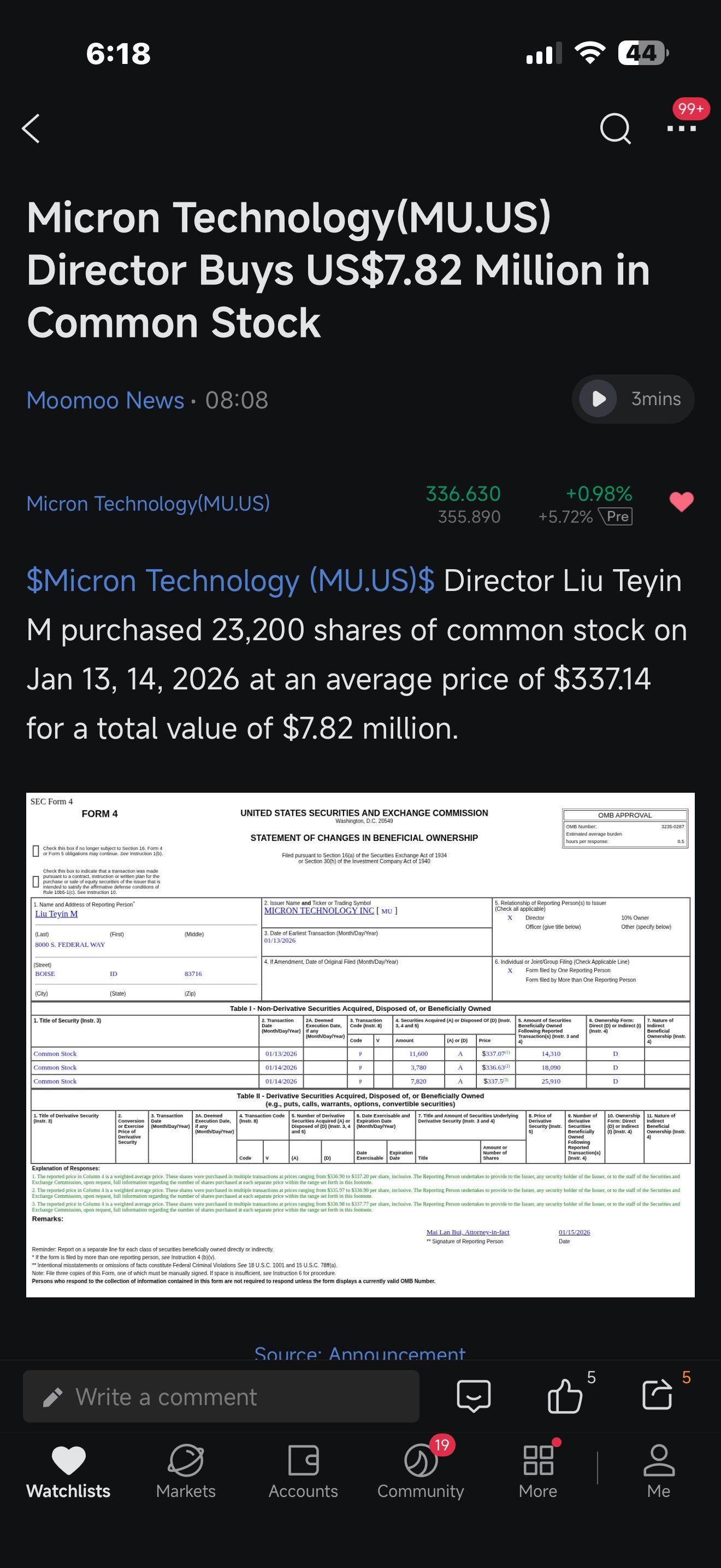 美光科技(MU.US)$ 你还在等什么？董事们平均以337的价格购入了这些股票！ - moomoo 社区