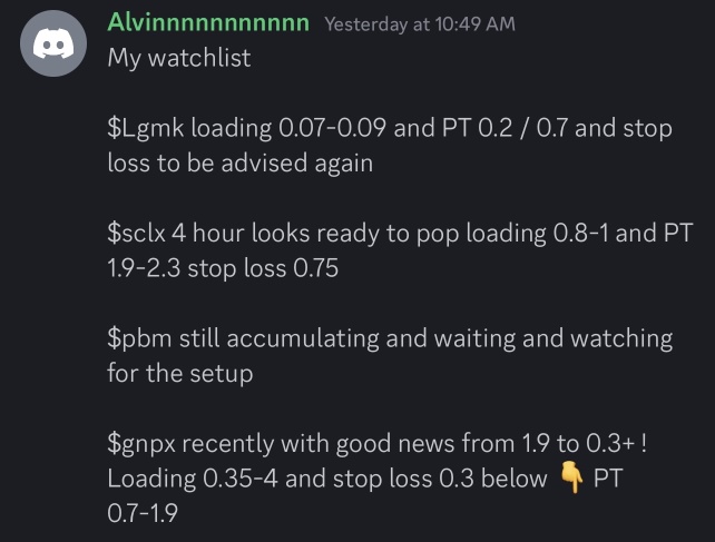 Not a bad watchlist but $Lgmk not hitting my pt and $sclx no moving fast as expected 🤤 I have more ticker shared last night ok bye