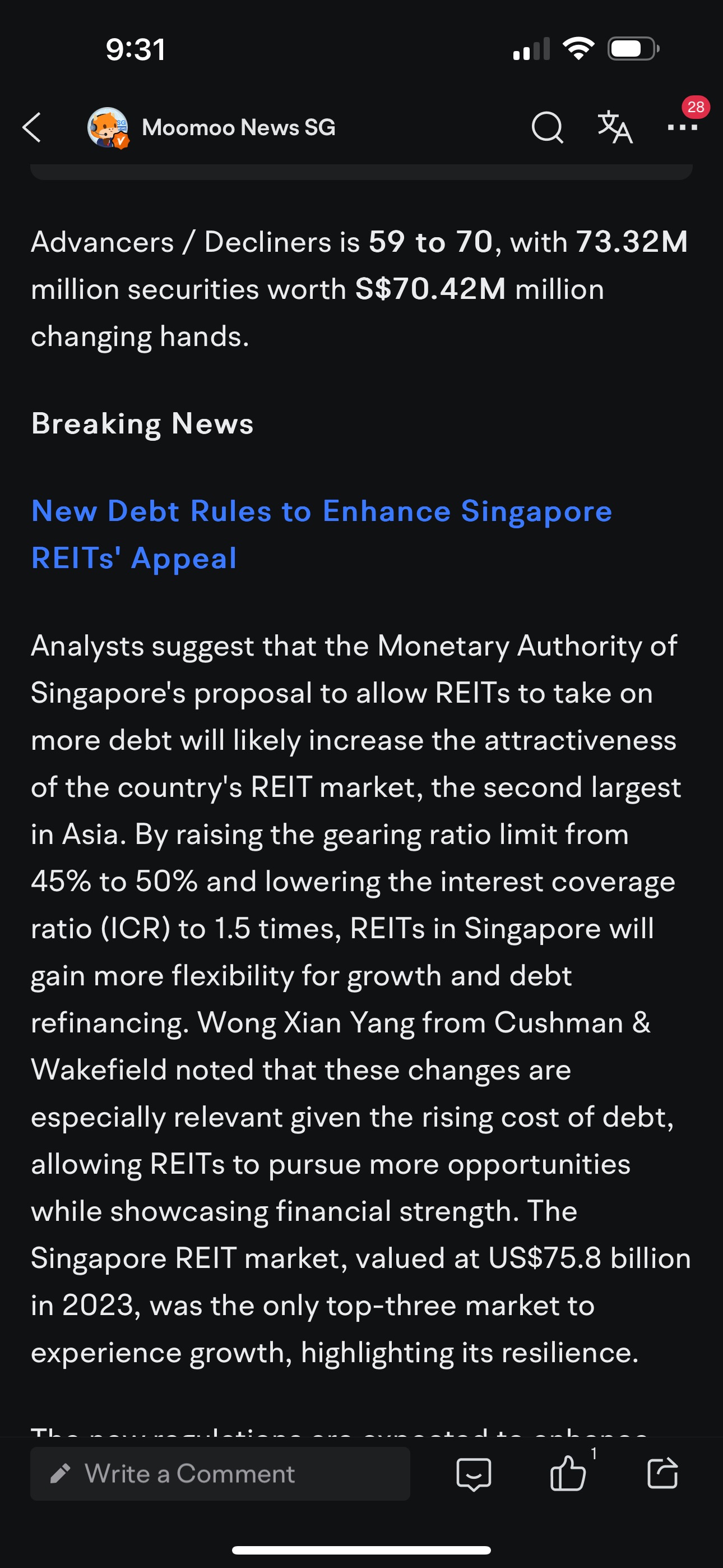 $CapitaLandInvest (9CI.SG)$ Wow !!!! good news for REIT market here in Singapore. Better invest in this counter before it rocket to the moon  SG REIT IS SUPPORT...