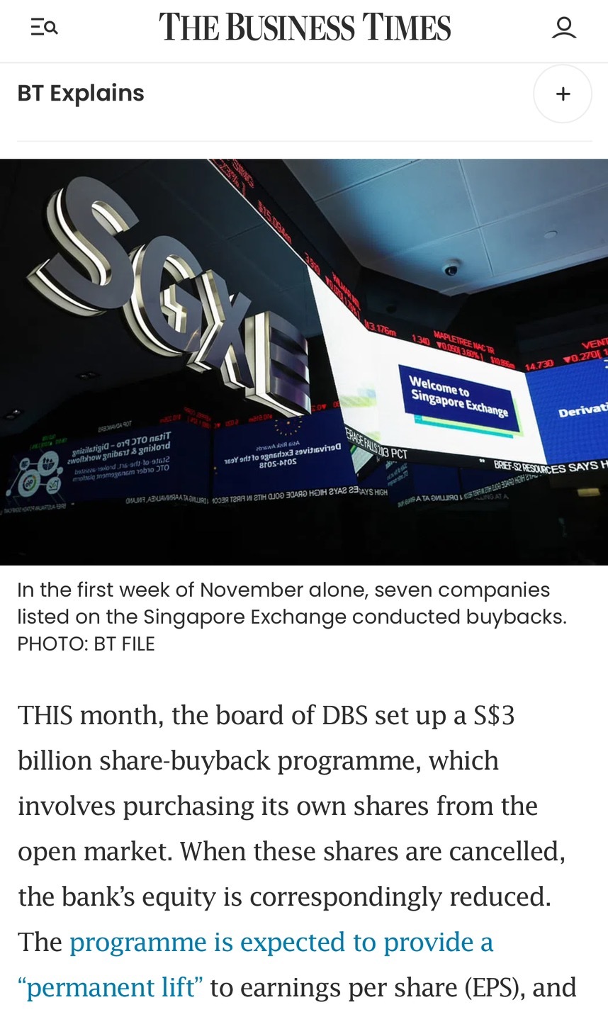 $DBS Group Holdings (D05.SG)$ [Share Link: Companies like DBS, ST Engineering are buying back their shares. Are there downsides?]